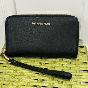 Michael Kors Black Saffiano Leather Zip Around Wallet Wristlet